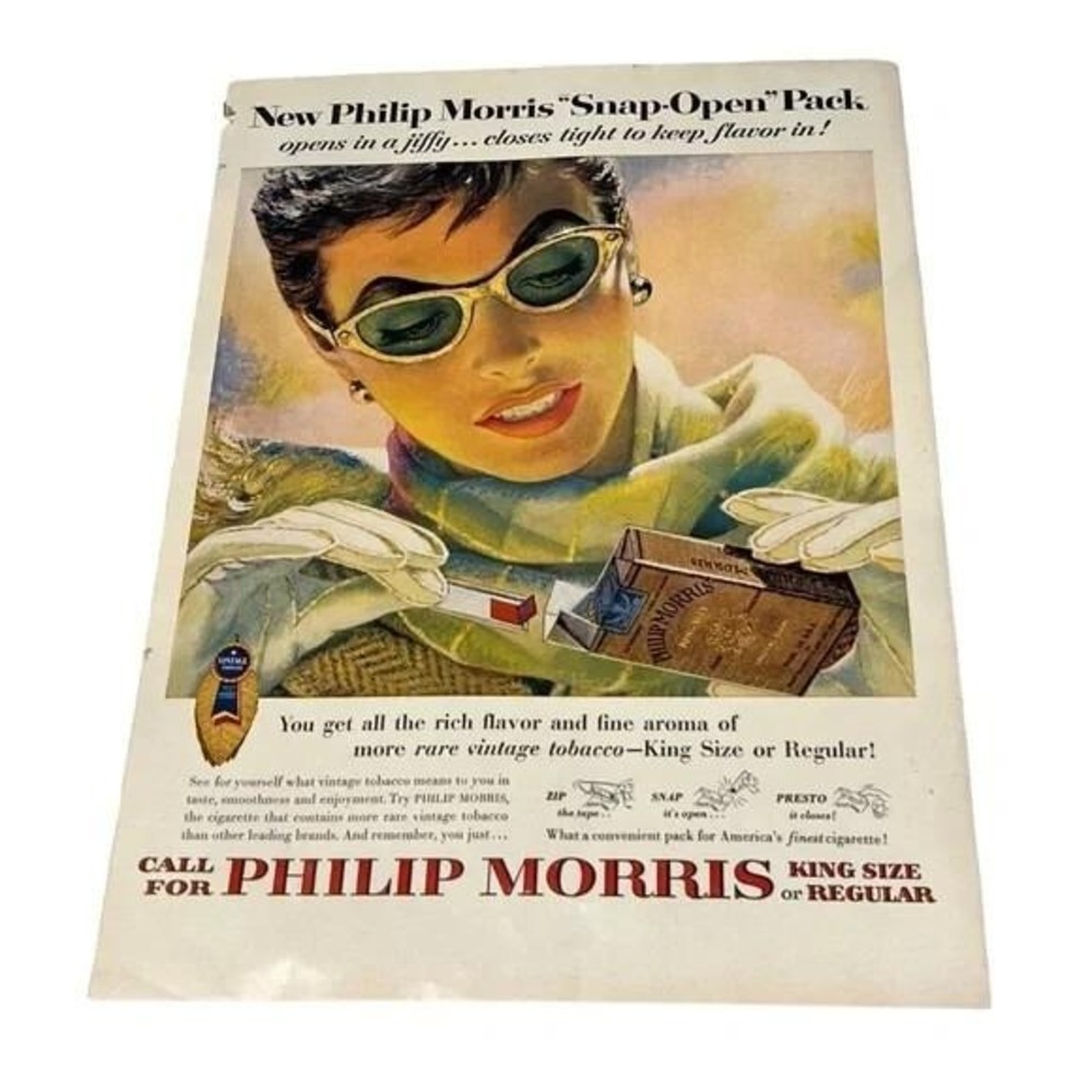 1954 New Philip Morris Snap-on Pack‎ Original Vintage Print Ad
